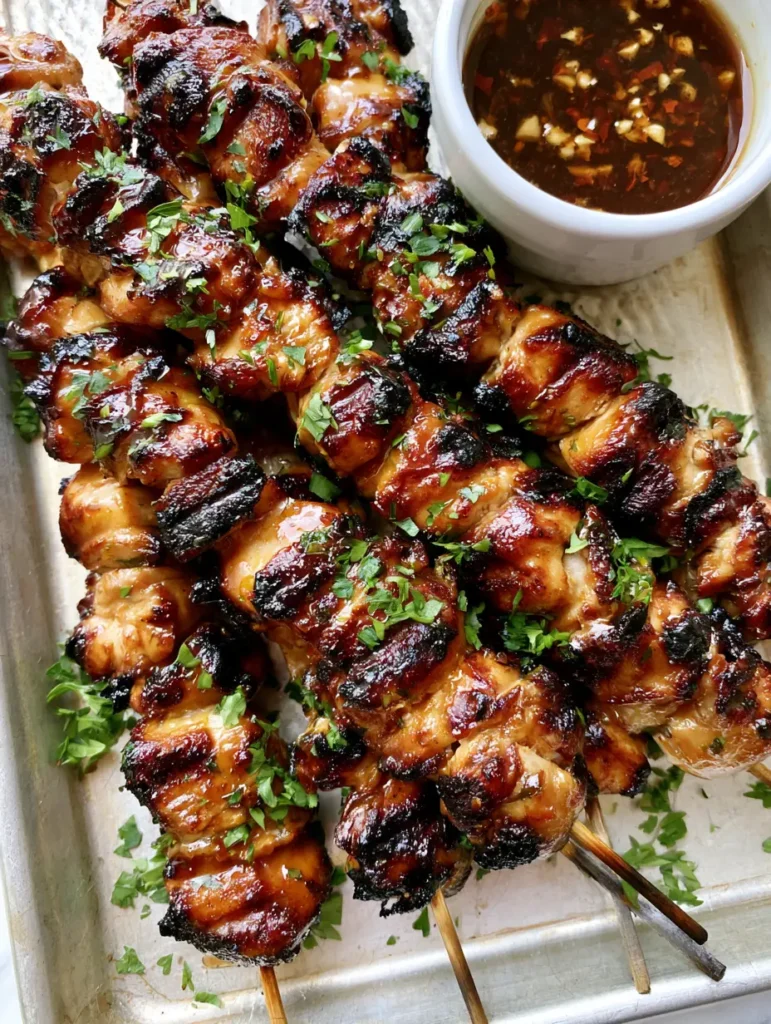 Honey Garlic Chicken Skewers: The Ultimate Charred & Glazed Summer Recipe 2 Top-down view of Honey Garlic Chicken Skewers arranged on a tray with a side of dark soy dipping sauce and chili flakes.