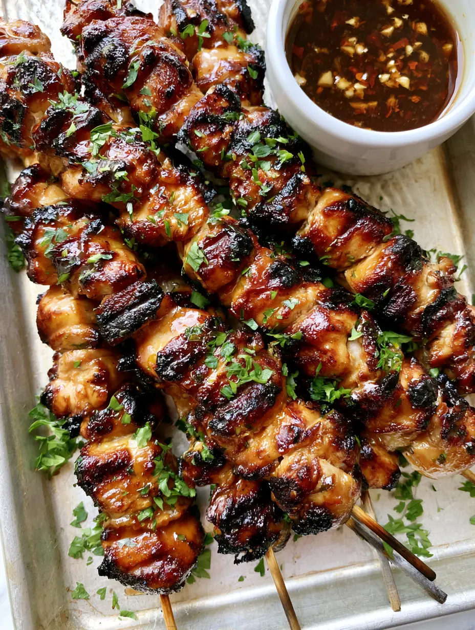 Honey Garlic Chicken Skewers: The Ultimate Charred & Glazed Summer Recipe 4 Top-down view of Honey Garlic Chicken Skewers arranged on a tray with a side of dark soy dipping sauce and chili flakes.