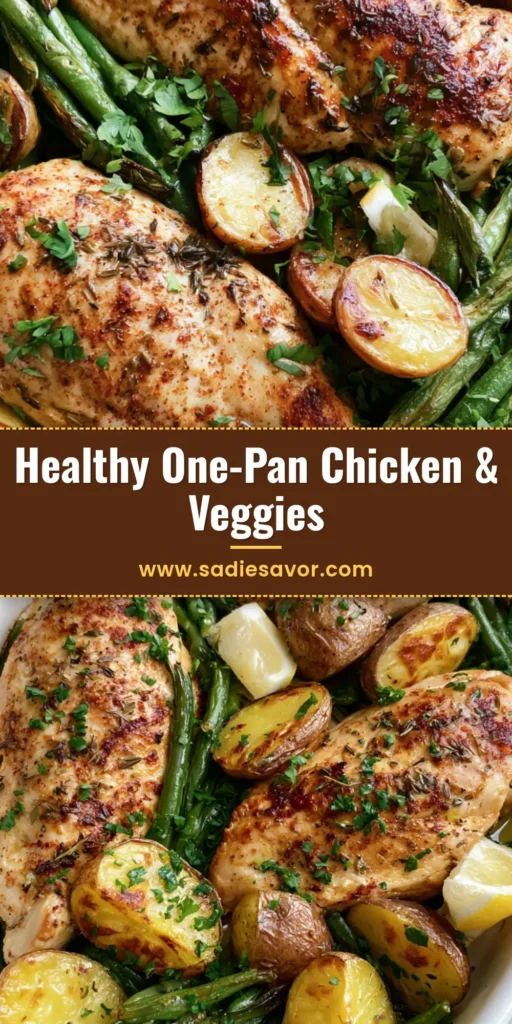 Herb-Baked Chicken and Potatoes with Roasted Garlic Green Beans 3 A ceramic dish of Herb-Baked Chicken and Potatoes with golden chicken breasts, charred baby potatoes, and green beans.