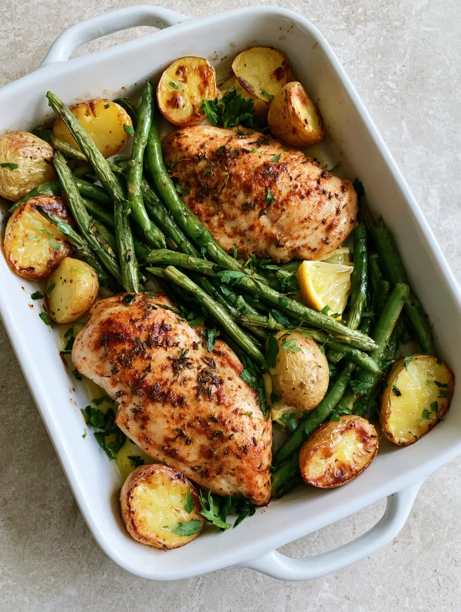 Herb-Baked Chicken and Potatoes with Roasted Garlic Green Beans 4 Overhead view of Herb-Baked Chicken and Potatoes with roasted green beans and lemon wedges.