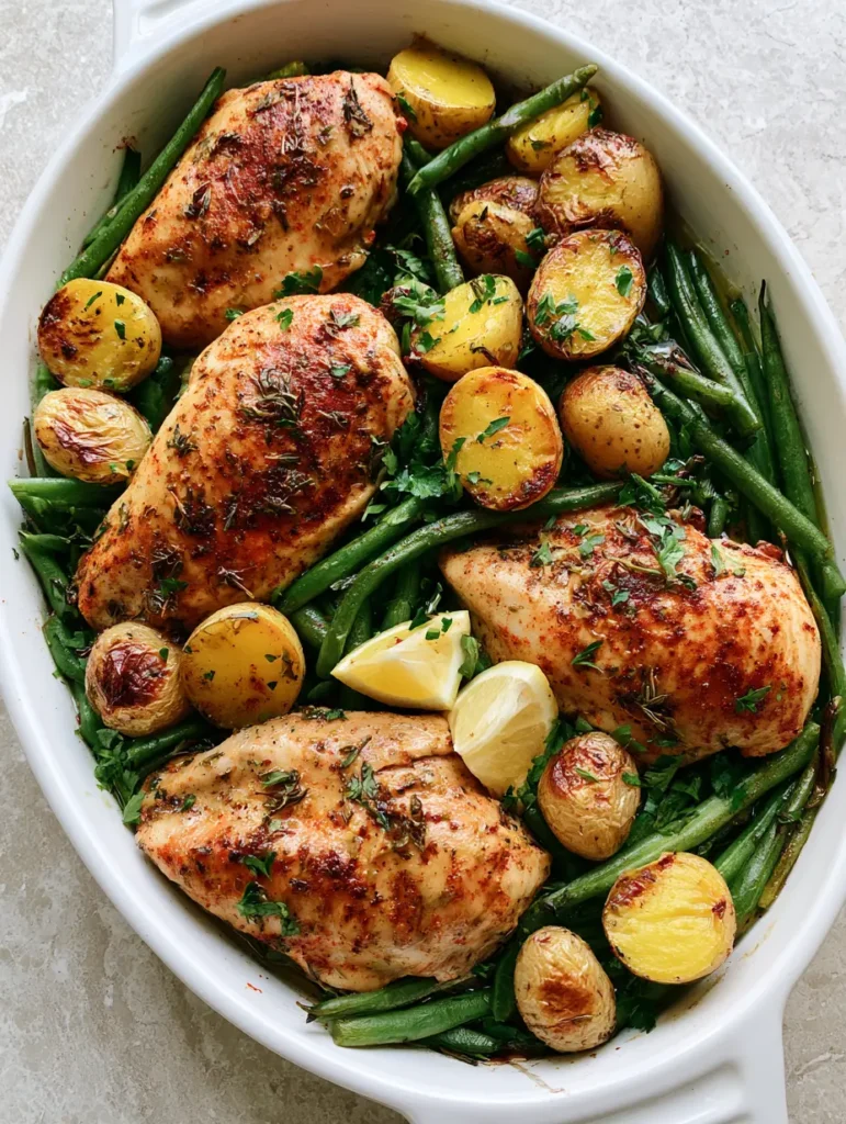 Herb-Baked Chicken and Potatoes with Roasted Garlic Green Beans 1 Close up of charred baby potatoes and smoked paprika chicken in a Herb-Baked Chicken and Potatoes recipe.
