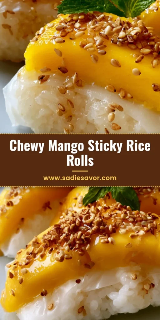 Mango Sticky Rice Rolls: The Ultimate Translucent Thai Dessert 4 A close up photo of Mango Sticky Rice Rolls on a grey plate garnished with sesame seeds and mint.