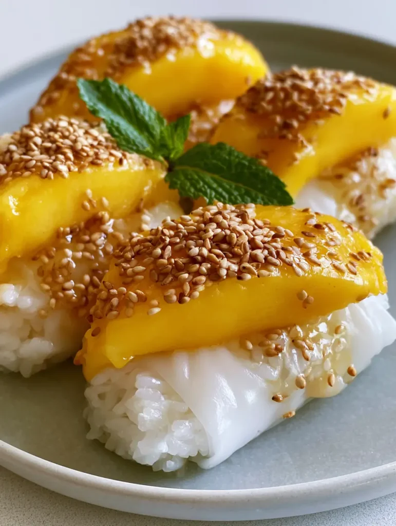 Mango Sticky Rice Rolls: The Ultimate Translucent Thai Dessert 1 Smartphone photo of Mango Sticky Rice Rolls arranged on a ceramic plate with glossy coconut syrup glaze.