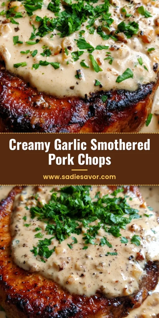 Creamy Garlic Smothered Pork Chops with a Velvety Pan Sauce 4 A top-down view of a dark cast iron skillet containing thick-cut boneless Creamy Garlic Smothered Pork Chops drenched in a beige velvet sauce with minced garlic and green parsley.