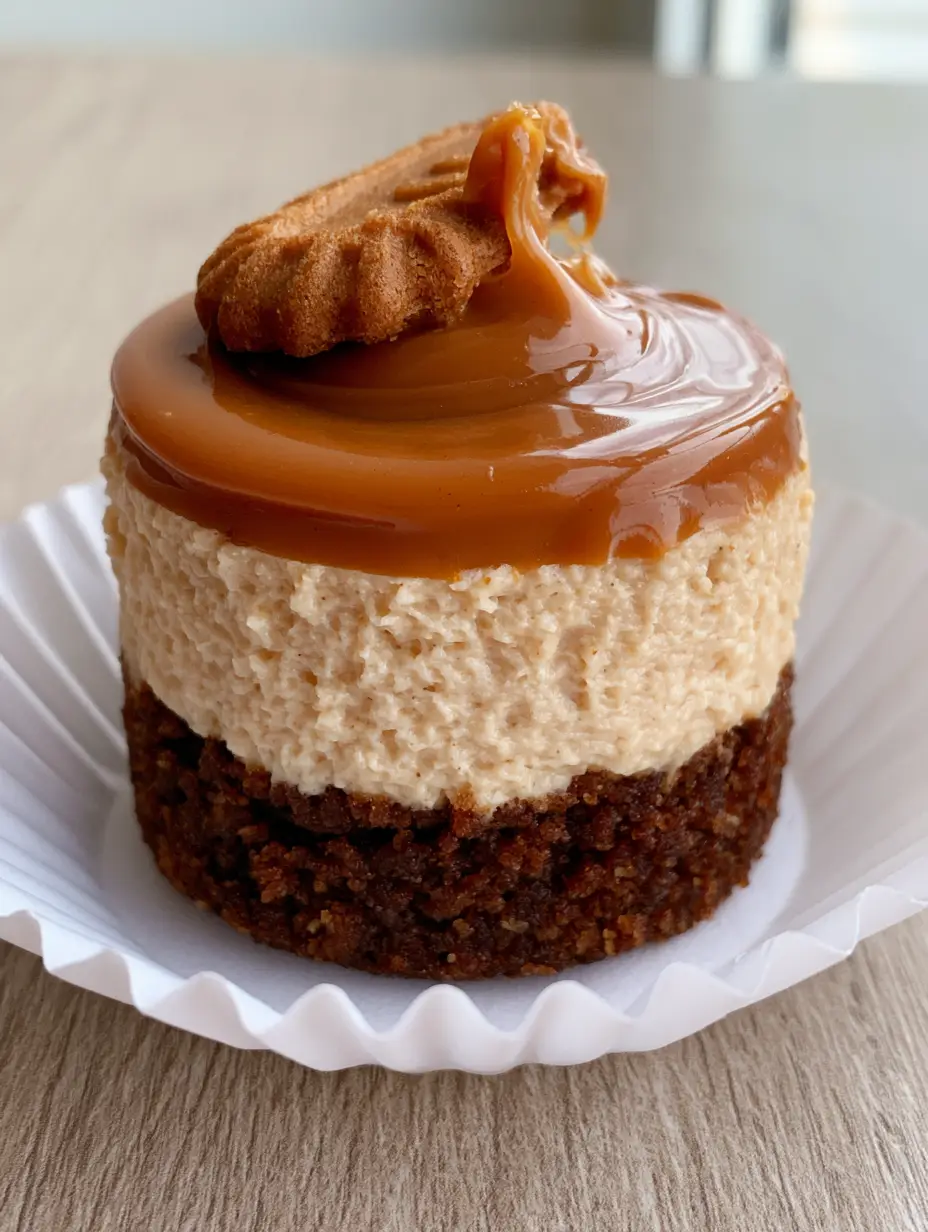 No-Bake Biscoff Cheesecake: The Ultimate Mini Cookie Butter Delights 3 Handheld smartphone photo of a single mini No-Bake Biscoff Cheesecake in a white liner showing the distinct layers of crust, cream, and glaze.