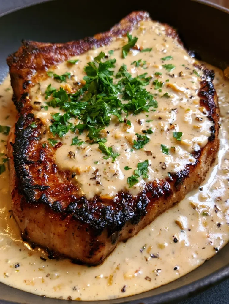 Creamy Garlic Smothered Pork Chops with a Velvety Pan Sauce 2 Close up of a thick-cut boneless pork chop with a charred crust glistening in a garlic cream sauce. (Creamy Garlic Smothered Pork Chops)