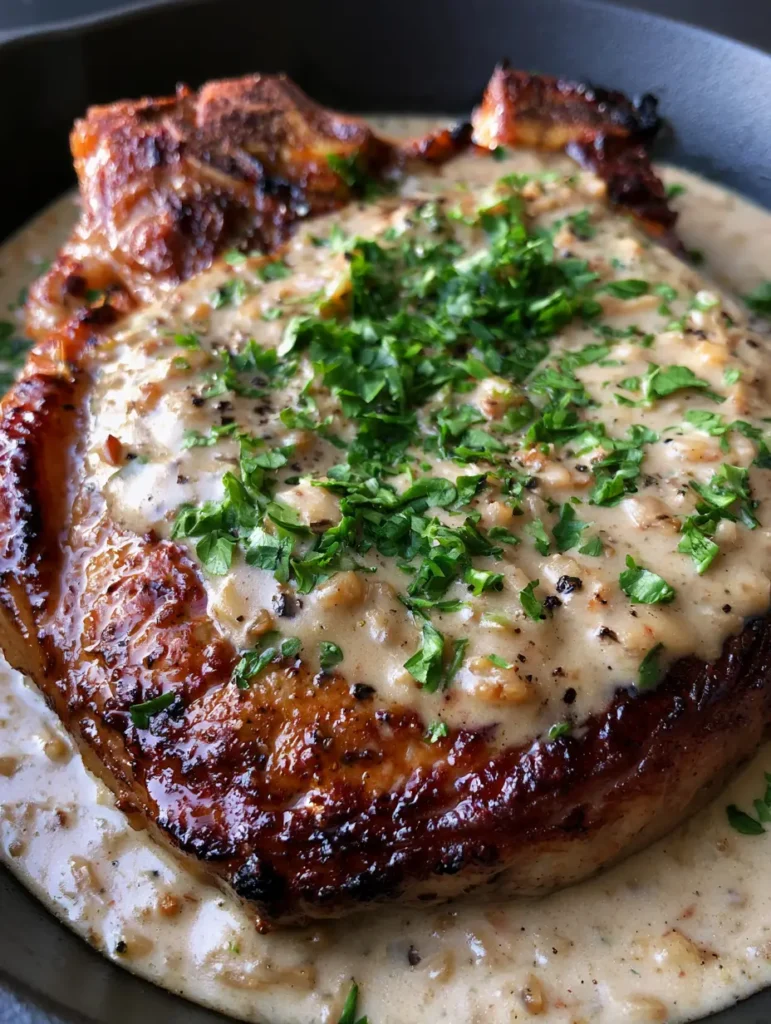 Creamy Garlic Smothered Pork Chops with a Velvety Pan Sauce 1 A handheld smartphone photo showing the texture of the thick, velvety beige cream sauce with bits of minced garlic and parsley over a pork chop.