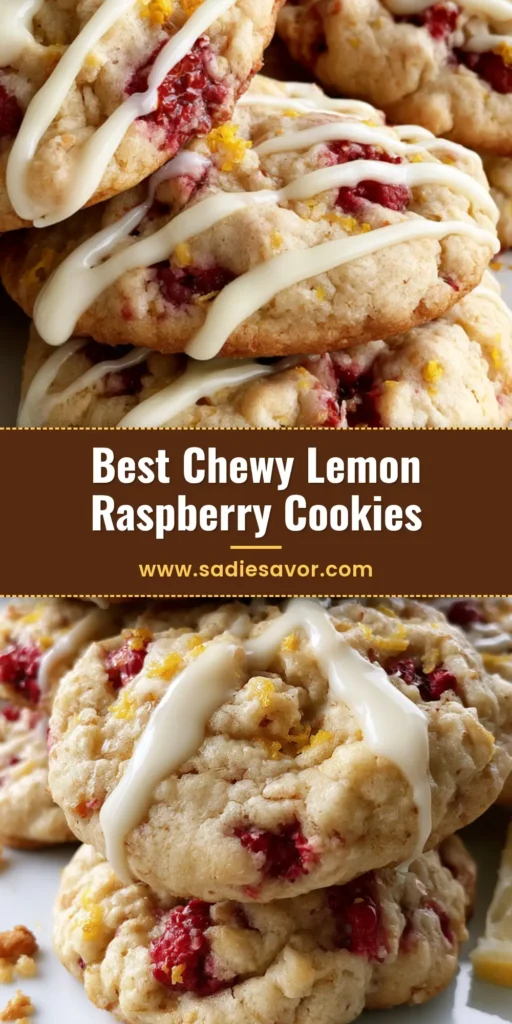 Lemon Raspberry Cookies: The Ultimate Thick and Chewy Recipe 3 A tall stack of golden-brown Lemon Raspberry Cookies featuring vibrant red fruit chunks and a thick white icing drizzle with yellow zest on a white plate.