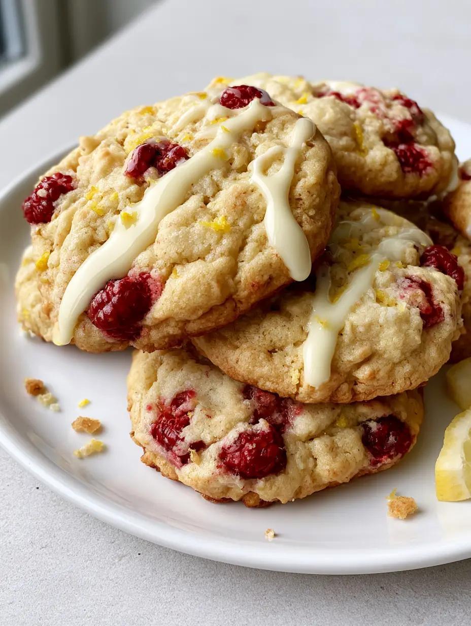 Lemon Raspberry Cookies: The Ultimate Thick and Chewy Recipe 4 Close-up of Lemon Raspberry Cookies showing the crinkled golden-brown edges and soft red raspberry chunks.