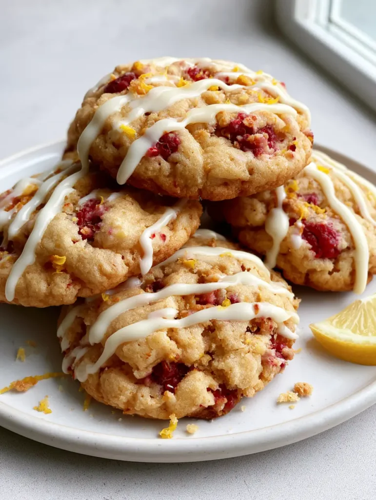 Lemon Raspberry Cookies: The Ultimate Thick and Chewy Recipe 1 Artful drizzle of thick white lemon glaze over golden Lemon Raspberry Cookies with fresh zest flecks.