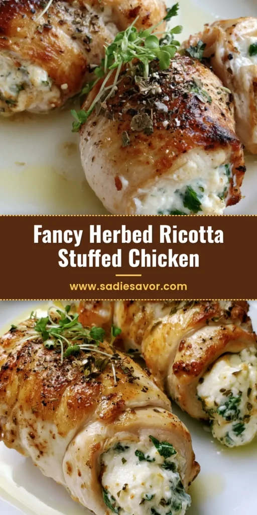 Three golden-brown Herbed Ricotta Stuffed Chicken rolls on a white plate with lemon butter sauce and microgreens.