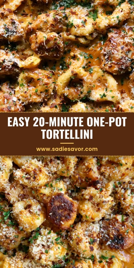 One-Pot Chicken Tortellini: The Ultimate 20-Minute Creamy Garlic Butter Dinner 4 A top-down shot of One-Pot Chicken Tortellini in a black skillet with golden chicken and parsley.
