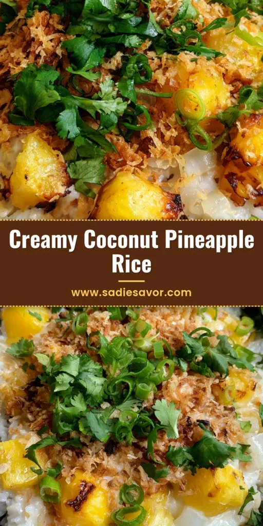 Coconut Pineapple Rice: The Ultimate Creamy Tropical Side Dish 4 A close up smartphone photo of Creamy Coconut Pineapple Rice in a dark bowl with toasted coconut and cilantro garnishes.