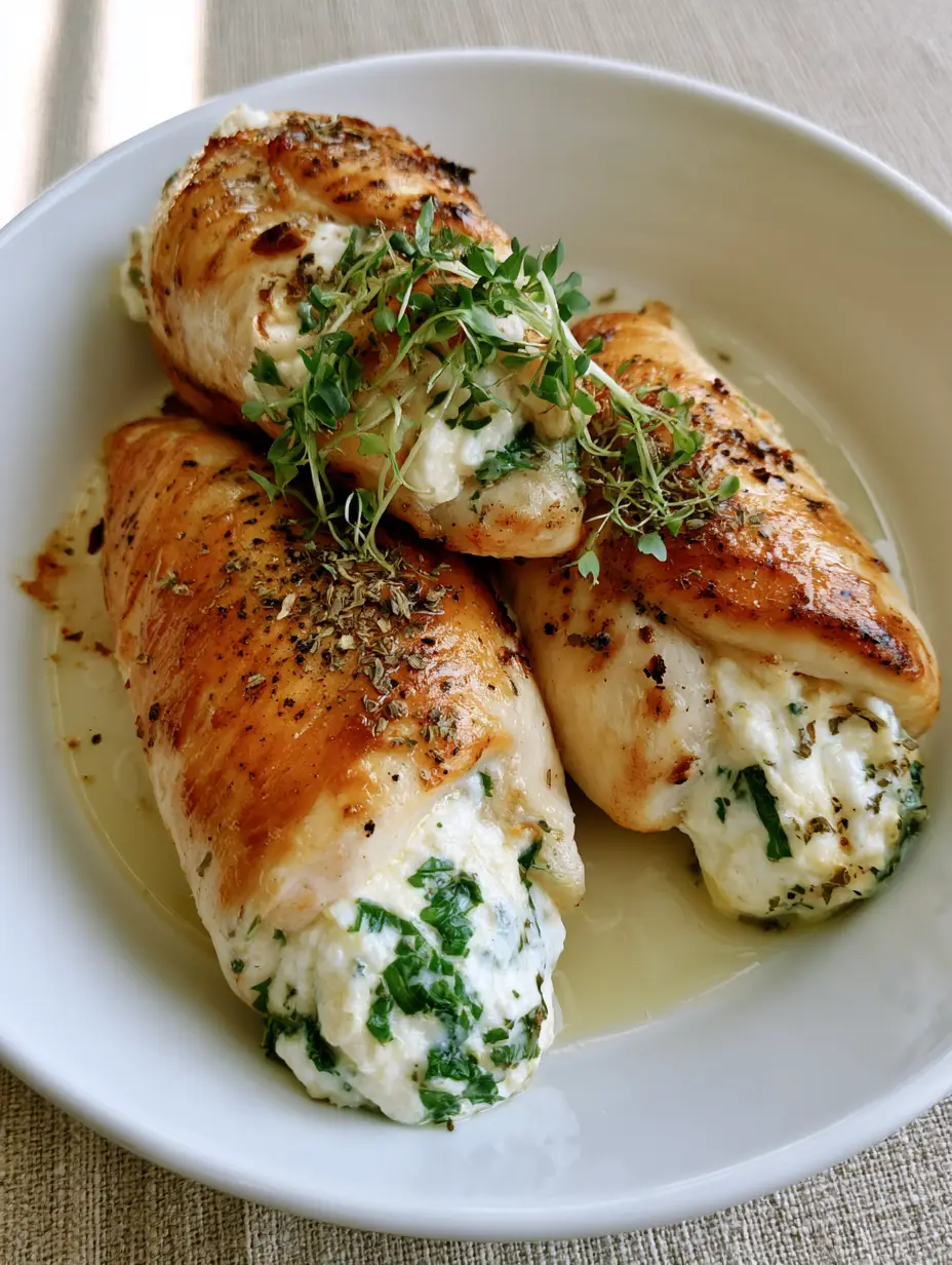 Close-up of seared Herbed Ricotta Stuffed Chicken showing the creamy filling and char marks.