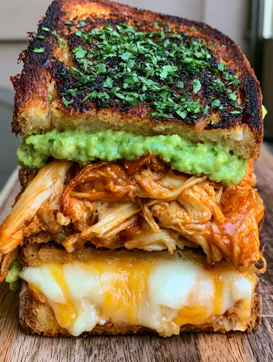 Chicken Avocado Melt Sandwich: The Ultimate Sourdough Grilled Cheese 3 Close up of a Chicken Avocado Melt Sandwich showing the glossy orange-red chicken and vibrant green mashed avocado layers.