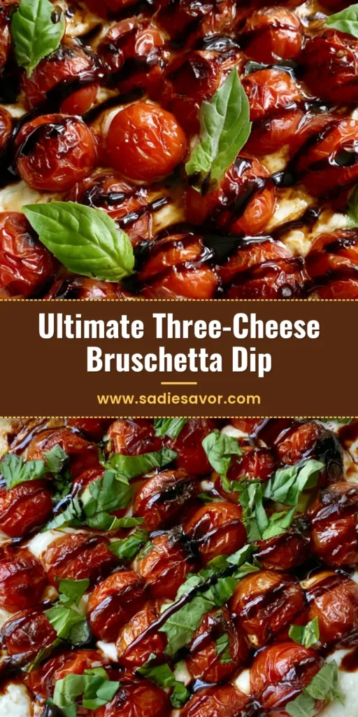 A round white ceramic dish filled with melted Three-Cheese Tomato Bruschetta Dip, topped with blistered cherry tomatoes, dark balsamic glaze, and fresh basil.