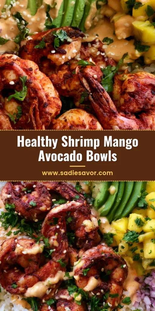 Healthy Shrimp and Avocado Bowls with Mango Salsa & Chipotle Lime 3 A top-down shot of Healthy Shrimp and Avocado Bowls featuring charred shrimp, jasmine rice, mango salsa, and a creamy chipotle drizzle.