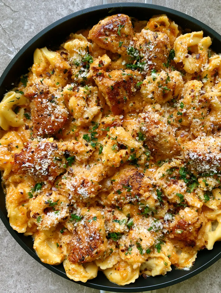 One-Pot Chicken Tortellini: The Ultimate 20-Minute Creamy Garlic Butter Dinner 3 Close-up of seared golden chicken chunks and cheese tortellini in an orange-tinted sauce. (One-Pot Chicken Tortellini)