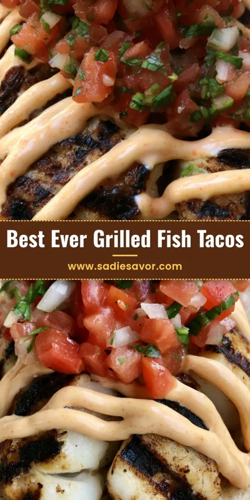 Grilled Fish Tacos with Creamy Spicy Mayo and Fresh Pico de Gallo 4 A close-up vertical shot of Grilled Fish Tacos featuring char-grilled white fish, creamy orange spicy mayo, and fresh pico de gallo on a soft flour tortilla.