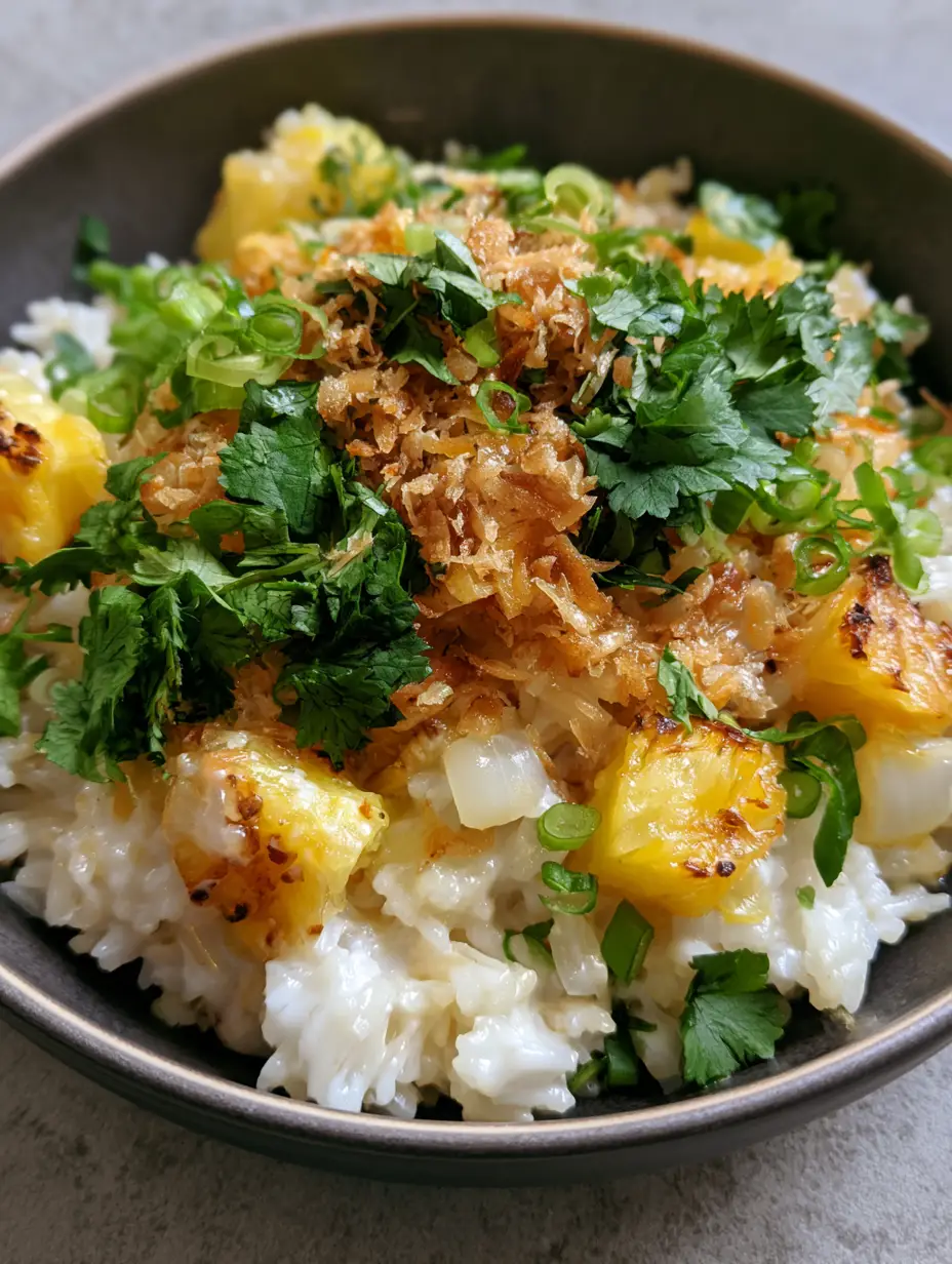 Coconut Pineapple Rice: The Ultimate Creamy Tropical Side Dish 3 Creamy white jasmine rice grains glistening with coconut milk and charred pineapple chunks in a ceramic bowl. (Coconut Pineapple Rice)