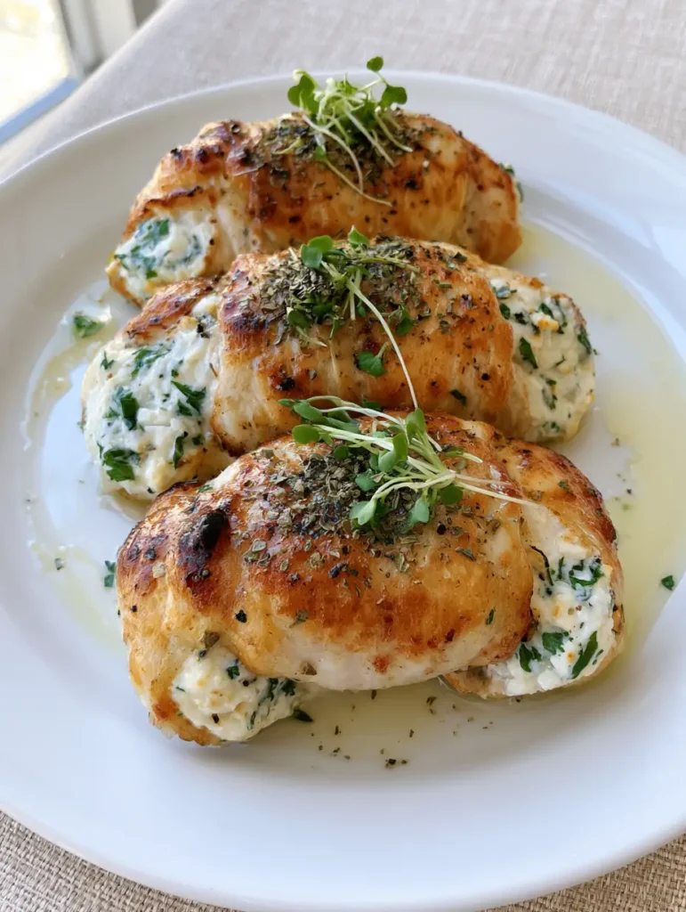 Overhead view of three Herbed Ricotta Stuffed Chicken rolls drizzled with lemon butter sauce.