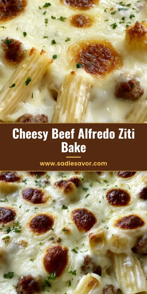 Beef Alfredo Ziti Casserole: The Ultimate Creamy Cheesy Pasta Bake 4 A bubbling Beef Alfredo Ziti Casserole in a white dish with toasted cheese spots and fresh parsley garnish.