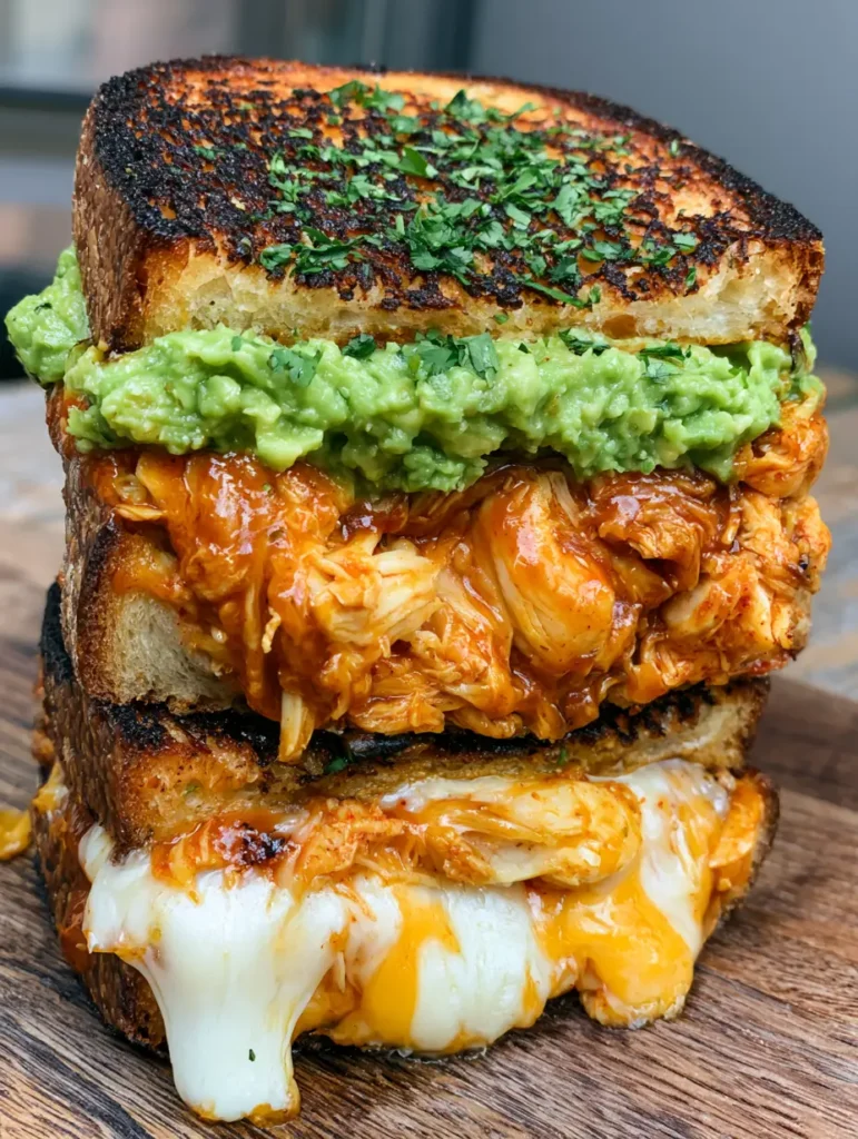 Chicken Avocado Melt Sandwich: The Ultimate Sourdough Grilled Cheese 1 A handheld shot of a sourdough Chicken Avocado Melt Sandwich with deep golden-brown char marks and melting cheese.