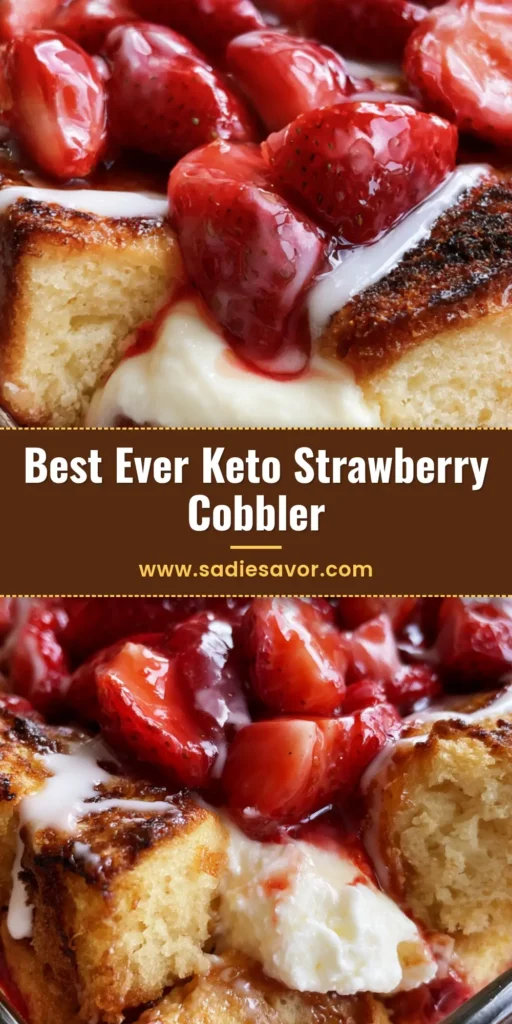 Keto Strawberry Cream Cheese Cobbler: The Ultimate Low-Carb Dessert 3 A close-up shot of Keto Strawberry Cream Cheese Cobbler in a clear glass dish with golden-brown cake chunks, thick white cream cheese filling, and glazed strawberries. (Keto Strawberry Cream Cheese Cobbler)