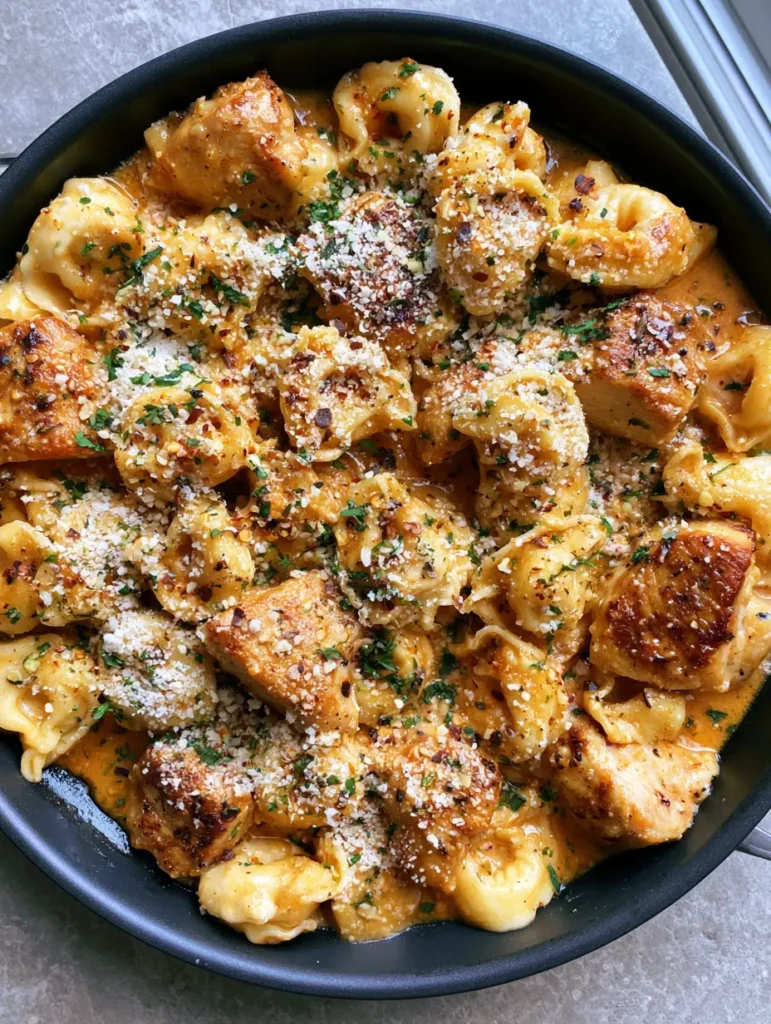 One-Pot Chicken Tortellini: The Ultimate 20-Minute Creamy Garlic Butter Dinner 1 Overhead view of a black skillet filled with One-Pot Chicken Tortellini garnished with parmesan and red pepper flakes.