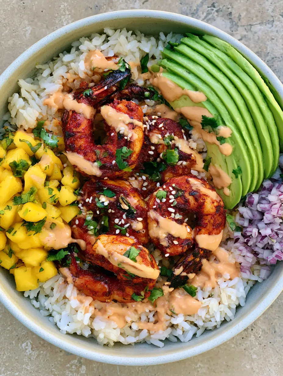 Healthy Shrimp and Avocado Bowls with Mango Salsa & Chipotle Lime 4 Close-up of charred blackened shrimp and mango salsa in Healthy Shrimp and Avocado Bowls.
