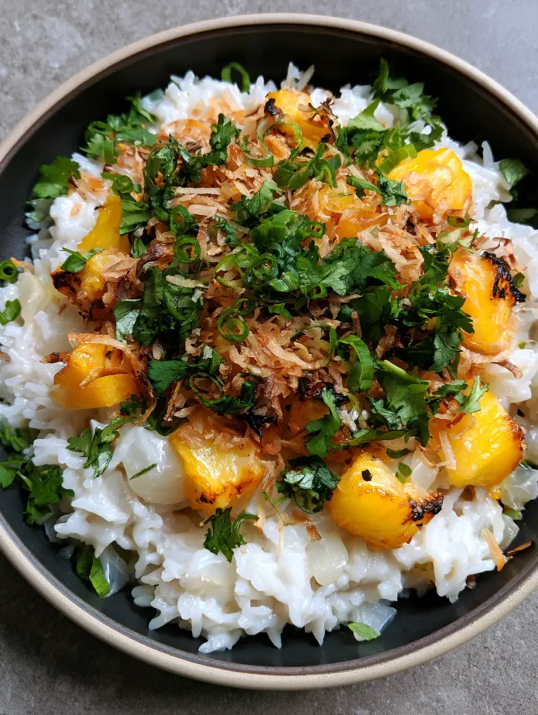 Coconut Pineapple Rice: The Ultimate Creamy Tropical Side Dish 1 Overhead view of Coconut Pineapple Rice topped with golden-brown toasted coconut and bright green scallions.