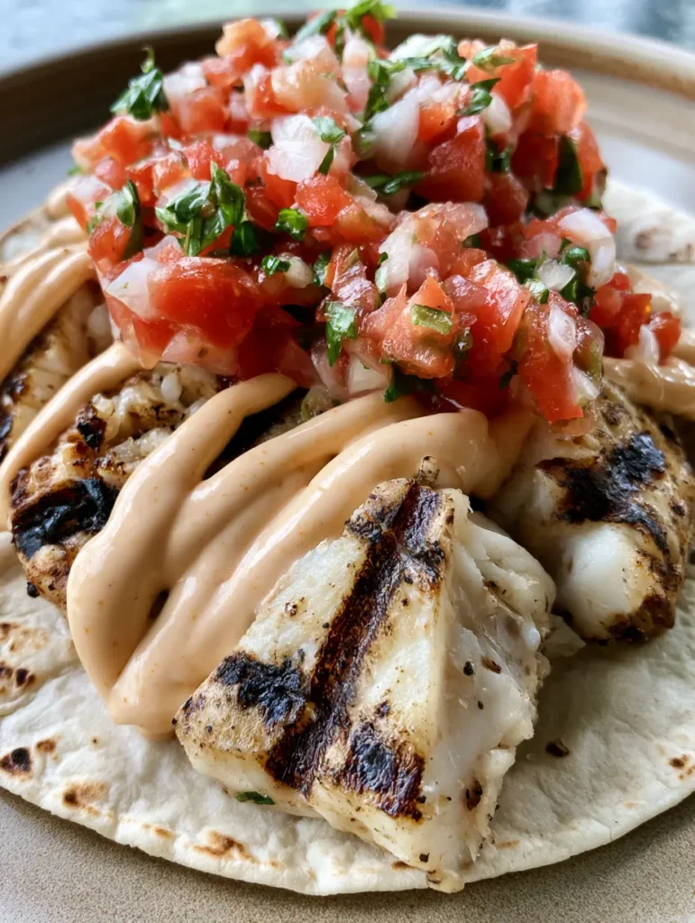 Grilled Fish Tacos with Creamy Spicy Mayo and Fresh Pico de Gallo 1 Top-down view of a Grilled Fish Taco on a neutral ceramic surface featuring bright red tomatoes and fresh cilantro.