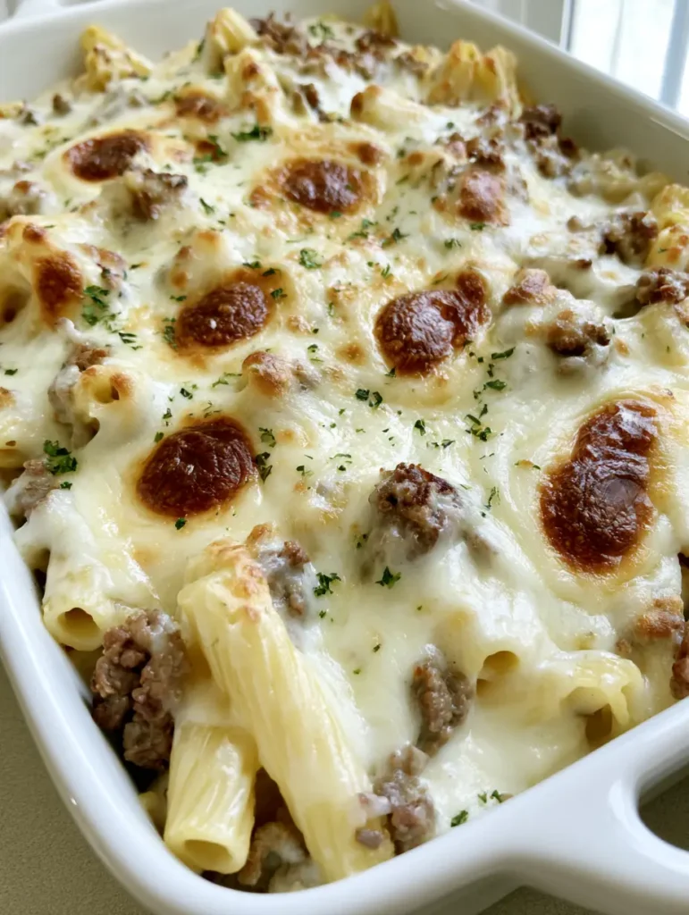 Beef Alfredo Ziti Casserole: The Ultimate Creamy Cheesy Pasta Bake 2 Close up shot of Beef Alfredo Ziti Casserole showing ridged pasta and glossy white sauce under melted mozzarella.