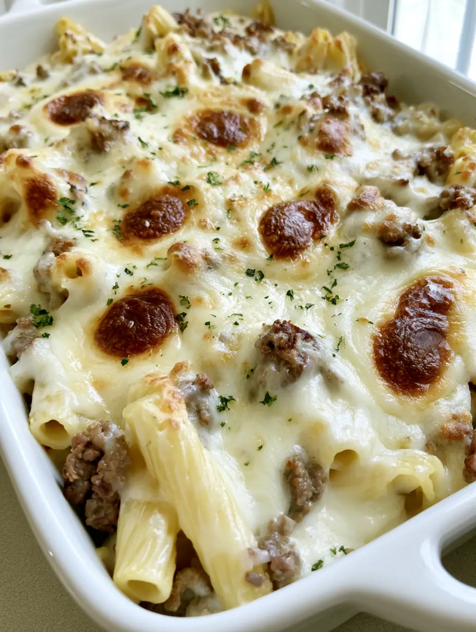 Beef Alfredo Ziti Casserole: The Ultimate Creamy Cheesy Pasta Bake 3 Close up shot of Beef Alfredo Ziti Casserole showing ridged pasta and glossy white sauce under melted mozzarella.