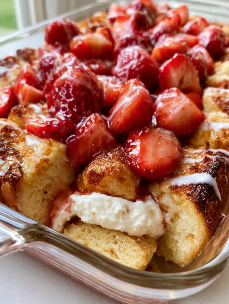 Keto Strawberry Cream Cheese Cobbler: The Ultimate Low-Carb Dessert 2 Angled view of golden-brown baked cake pieces and glistening red strawberry halves in a Keto Strawberry Cream Cheese Cobbler.