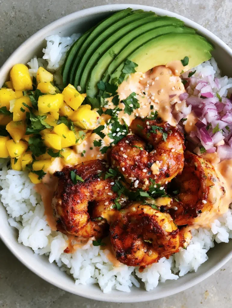 Healthy Shrimp and Avocado Bowls with Mango Salsa & Chipotle Lime 1 Healthy Shrimp and Avocado Bowls drizzled with creamy pale-orange chipotle lime sauce.