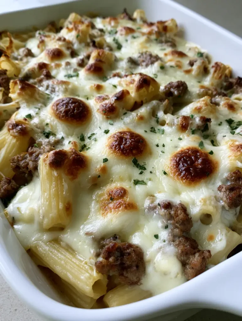 Beef Alfredo Ziti Casserole: The Ultimate Creamy Cheesy Pasta Bake 1 High-angle view of the Beef Alfredo Ziti Casserole in a white ceramic dish featuring golden-brown toasted cheese spots.