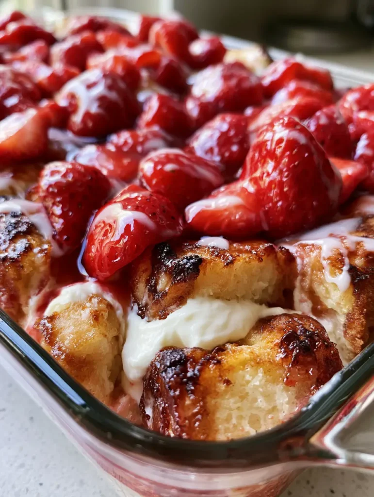 Keto Strawberry Cream Cheese Cobbler: The Ultimate Low-Carb Dessert 1 Macro shot of toasted, caramelized edges and drizzled white icing on a Keto Strawberry Cream Cheese Cobbler.