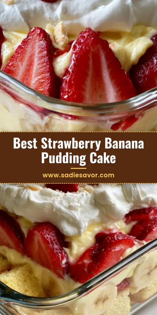 Strawberry Banana Pudding Cake: The Ultimate Layered Summer Dessert 4 A close-up vertical shot of a Strawberry Banana Pudding Cake in a glass dish showing layers of sponge cake, bananas, and strawberries with whipped cream on top.