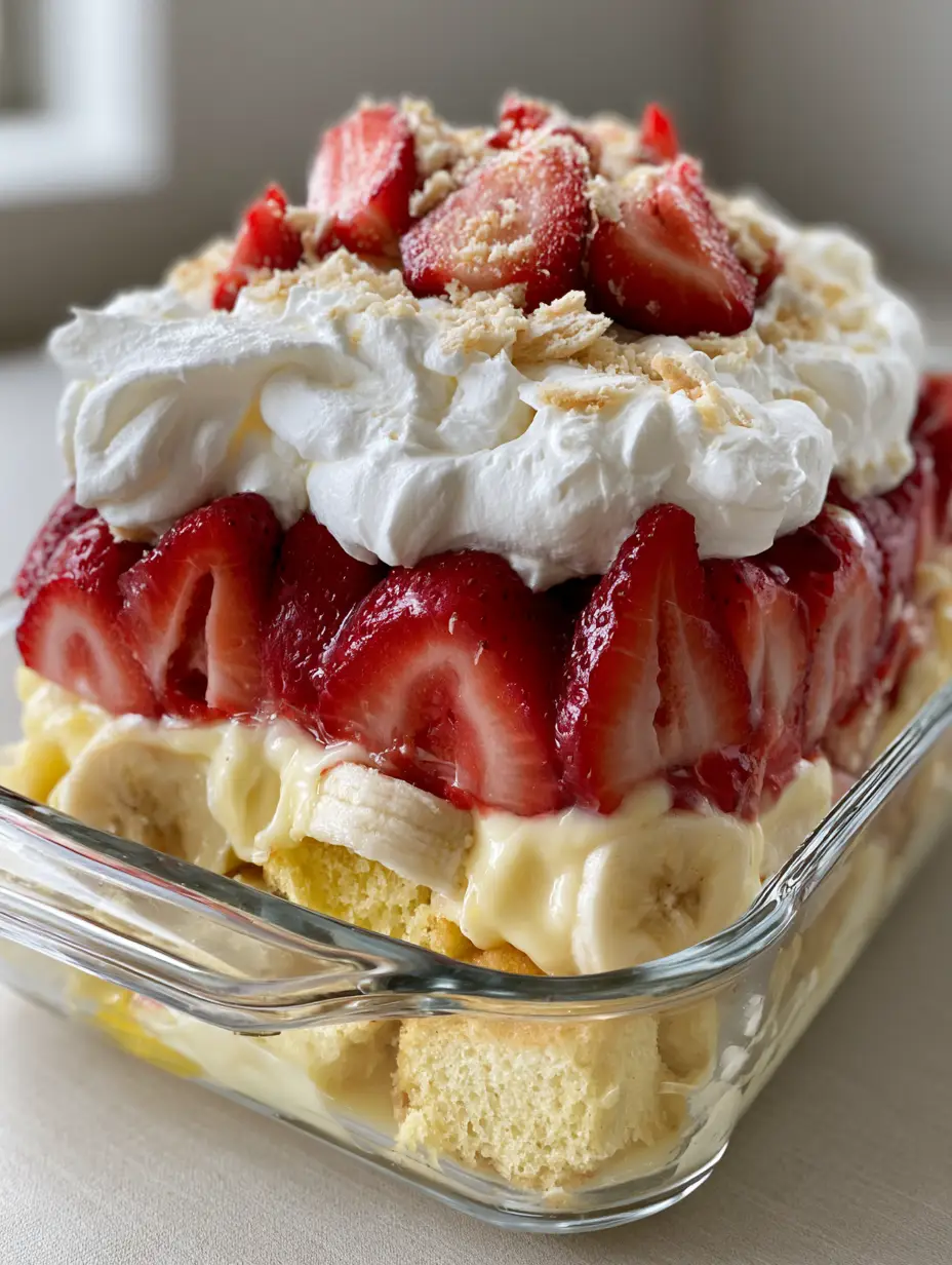Strawberry Banana Pudding Cake: The Ultimate Layered Summer Dessert 3 Handheld photo showing the side view of Strawberry Banana Pudding Cake with visible strawberries pressed against the glass.