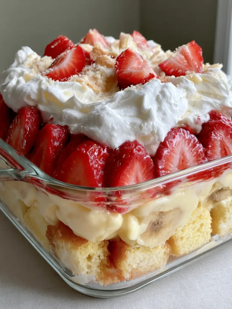 Strawberry Banana Pudding Cake: The Ultimate Layered Summer Dessert 1 A top-down view of the Strawberry Banana Pudding Cake finished with billowy whipped cream and vanilla wafer crumbs.