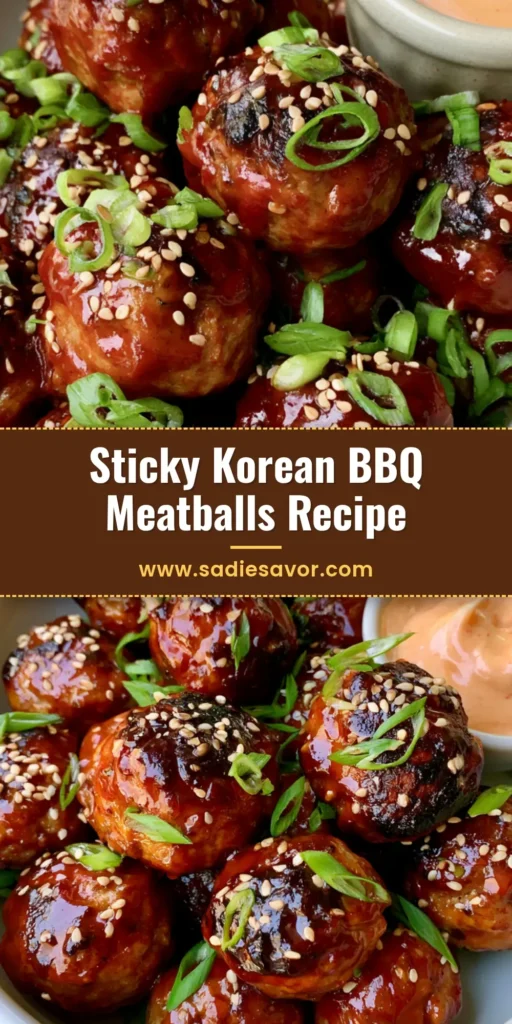 Korean BBQ Meatballs with a Thick Glossy Gochujang Glaze 3 A stack of seared Korean BBQ Meatballs glazed in glossy gochujang sauce, topped with sesame seeds and scallions in a white bowl.