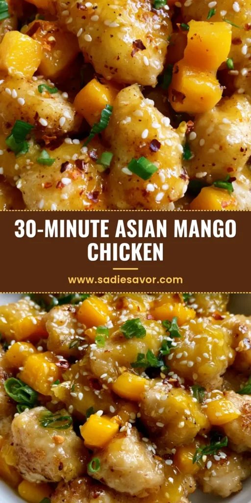 Asian Mango Glazed Chicken with Fresh Mango and Spicy Chili 3 A vertical shot of Asian Mango Glazed Chicken in a white ceramic bowl, featuring glossy chicken pieces, fresh mango cubes, and green scallions.