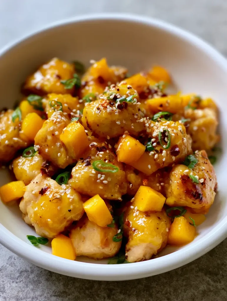 Asian Mango Glazed Chicken with Fresh Mango and Spicy Chili 2 Close-up of pan-seared Asian Mango Glazed Chicken topped with toasted sesame seeds and dried red chili flakes.