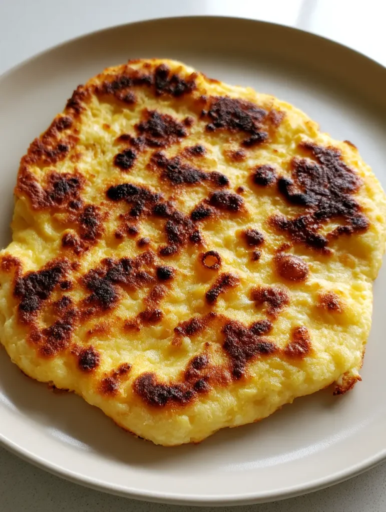 Cottage Cheese Flatbread: The Ultimate High-Protein, 2-Ingredient Wonder 2 Close up of a pan-seared Cottage Cheese Flatbread showing raised air bubbles and dark brown charred spots.