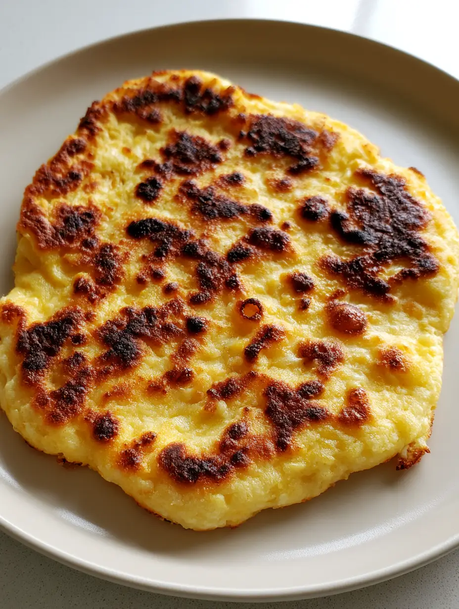 Cottage Cheese Flatbread: The Ultimate High-Protein, 2-Ingredient Wonder 3 Close up of a pan-seared Cottage Cheese Flatbread showing raised air bubbles and dark brown charred spots.