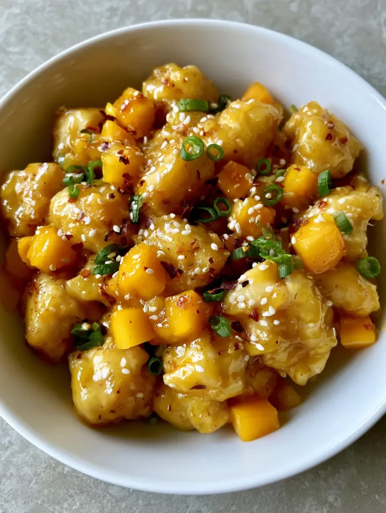 Asian Mango Glazed Chicken with Fresh Mango and Spicy Chili 1 Slightly overhead shot of Asian Mango Glazed Chicken in a white bowl on a gray stone surface.