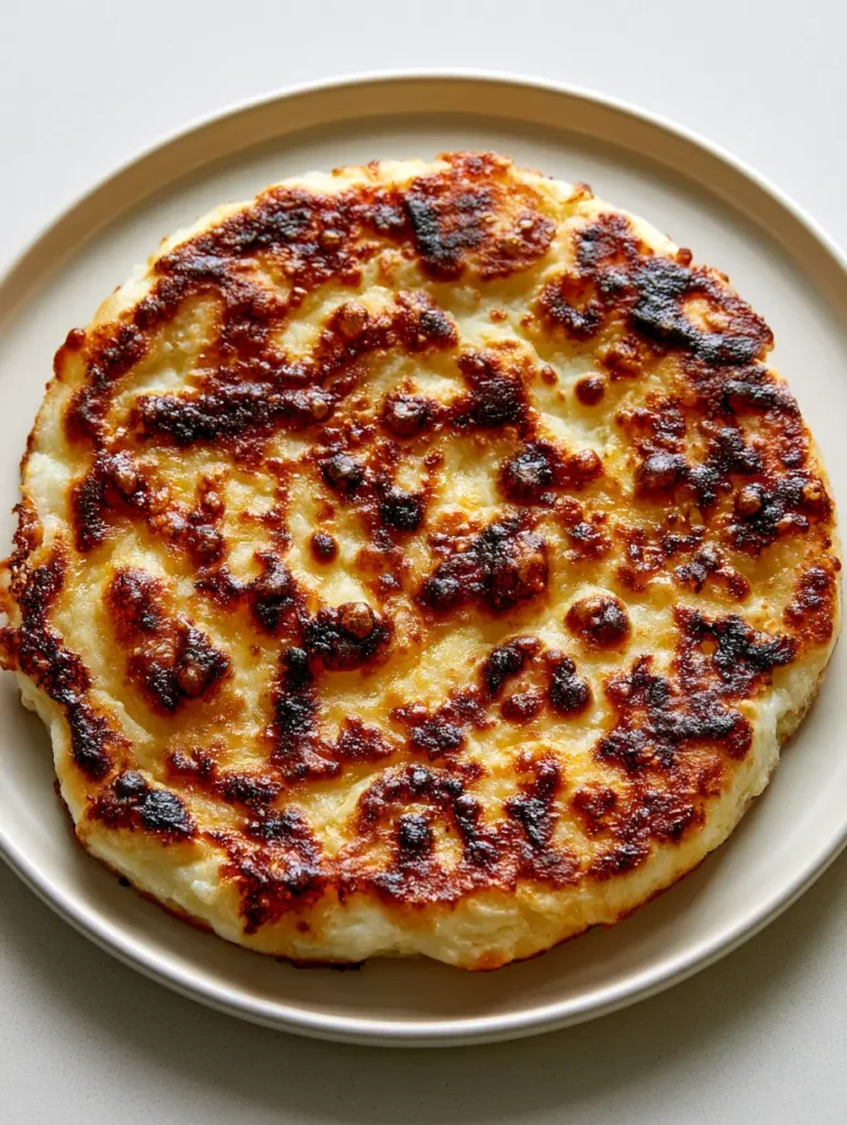 Cottage Cheese Flatbread: The Ultimate High-Protein, 2-Ingredient Wonder 1 A hand-stretched cottage cheese flatbread laid flat on a neutral off-white plate in natural light.