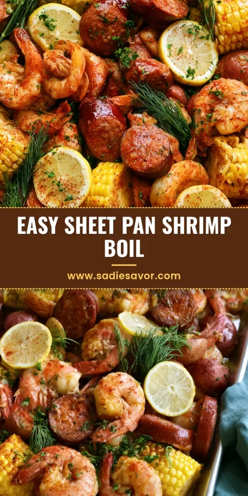 Shrimp Boil Recipe: The Ultimate One-Pan Garlic Butter Seafood Feast 3 A vibrant Shrimp Boil Recipe spread on a silver metal tray with glistening garlic butter, pink shrimp, seared sausage, corn, and potatoes. (Shrimp Boil Recipe)