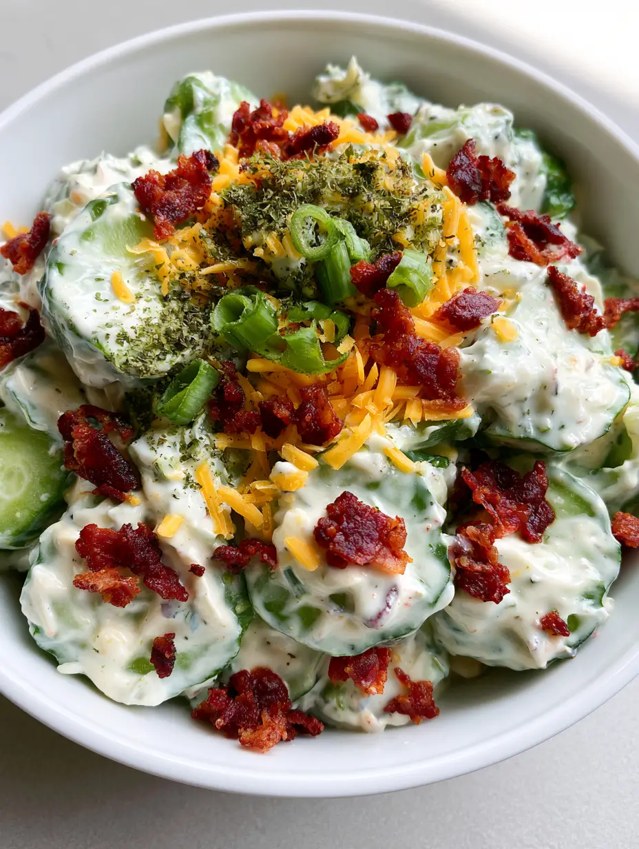 Cucumber Ranch Crack Salad: The Ultimate Creamy, Crunchy Side Dish 3 Close up view of Cucumber Ranch Crack Salad showing thick white ranch dressing and bright orange shredded cheddar.